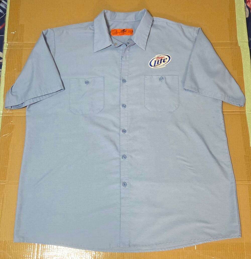 Red Kap Miller Lite Beer Work Shirt Light Blue Short Sleeve Button Up Mens XXL